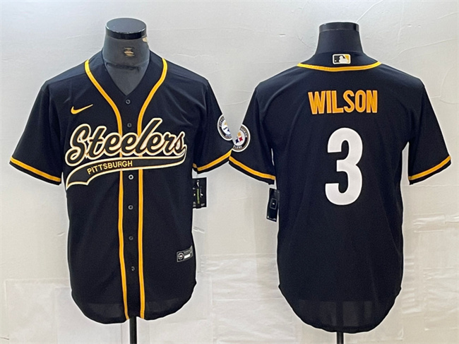 Men's Pittsburgh Steelers #3 Russell Wilson Black With Patch Cool Base Stitched Baseball Jersey Men's Pittsburgh Steelers #3 Russell Wilson Black With Patch Cool Base Stitched Baseball Jersey